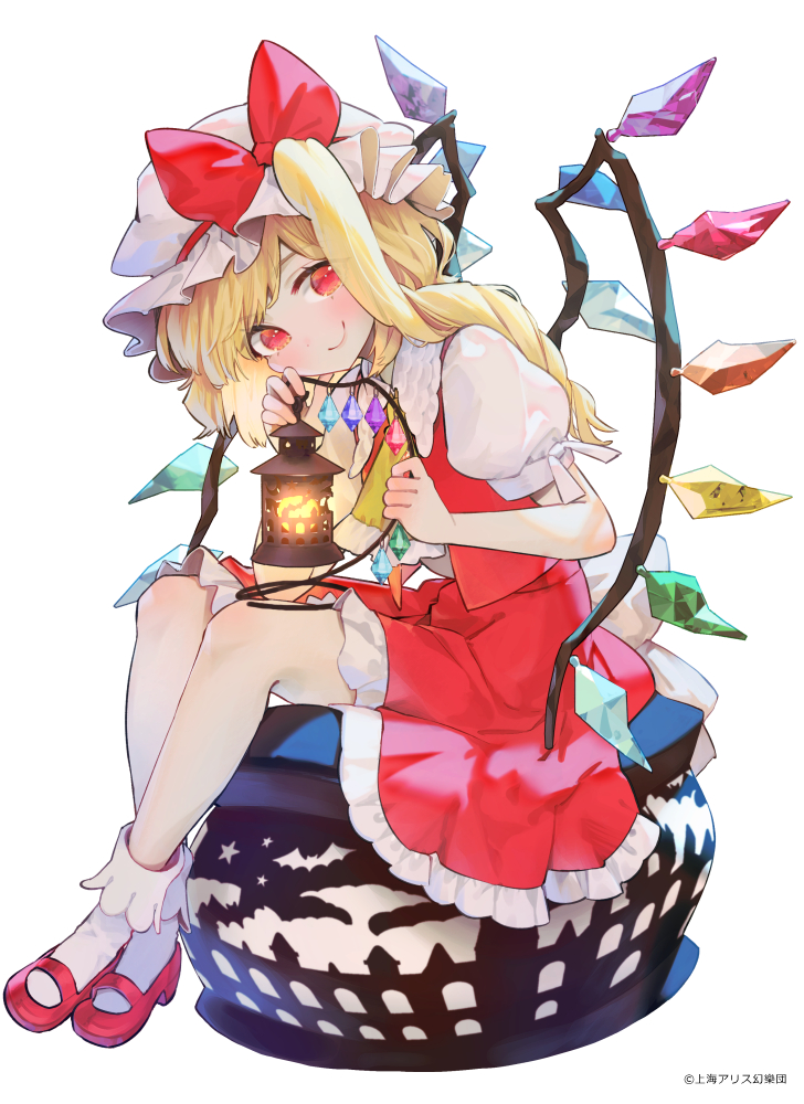 1girl ascot back_bow blonde_hair bobby_socks bow closed_mouth crystal duplicate flandre_scarlet frilled_ascot frilled_skirt frills full_body hat hat_bow looking_at_viewer mary_janes mob_cap multicolored_wings pixel-perfect_duplicate puffy_short_sleeves puffy_sleeves red_eyes red_footwear red_skirt red_vest shirt shoes short_sleeves simple_background sitting skirt skirt_set smile socks solo syuri22 touhou vest white_background white_bow white_headwear white_shirt white_socks wings yellow_ascot