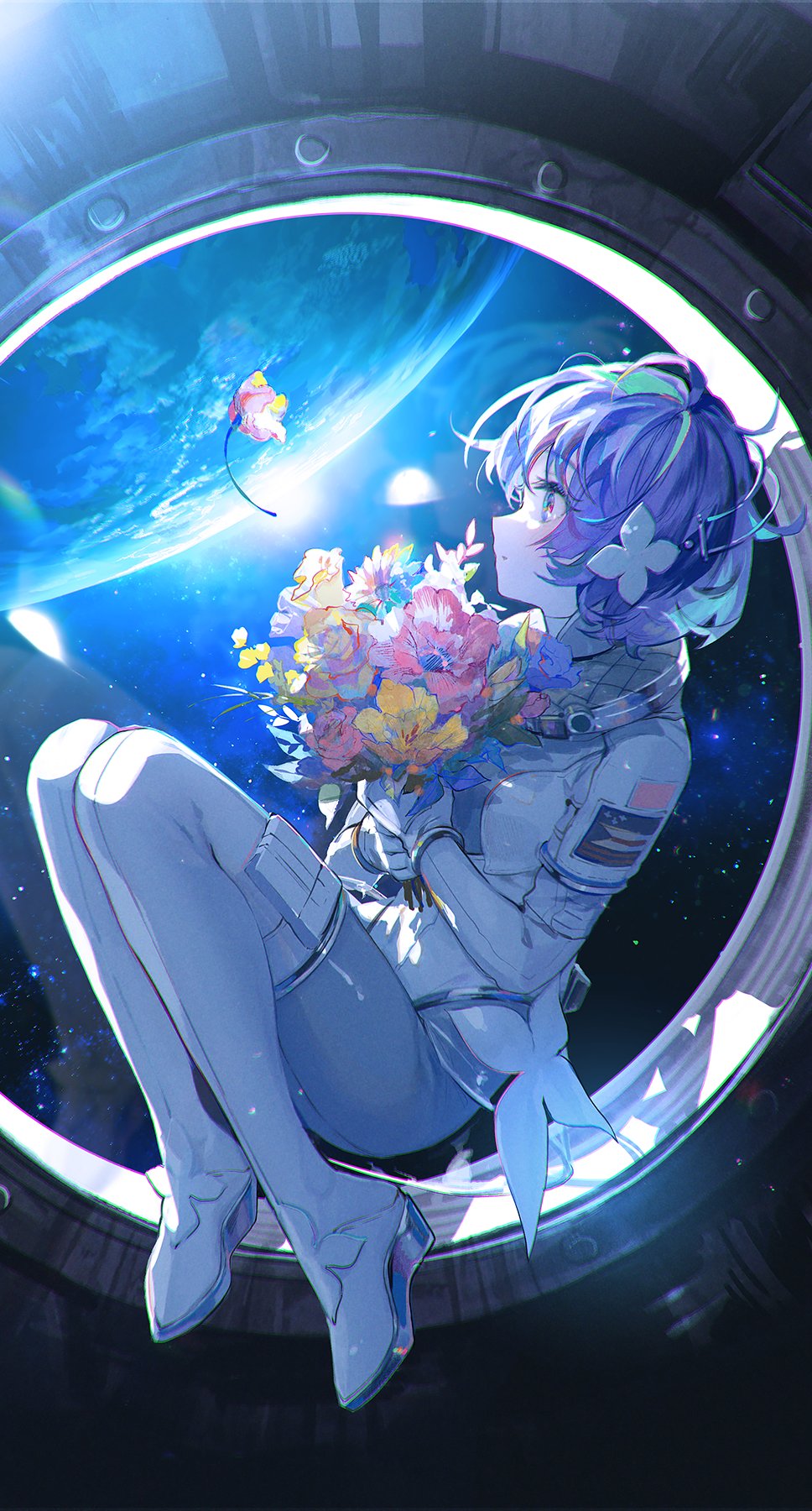 1girl bangs earth_(planet) floating flower from_side fuzichoco hair_flower hair_ornament highres holding holding_flower original planet purple_hair shadow short_hair solo space spacecraft_interior spacesuit star_(sky) window