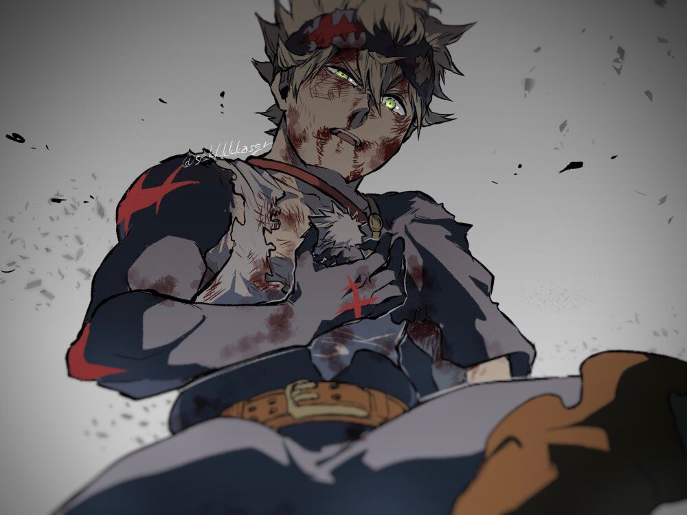 2boys asta_(black_clover) belt black_capelet black_clover brown_belt capelet demon green_eyes grey_hair holding injury liebe_(black_clover) multiple_boys open_mouth sekkkkkasgr shirt torn_clothes torn_shirt twitter_username white_shirt