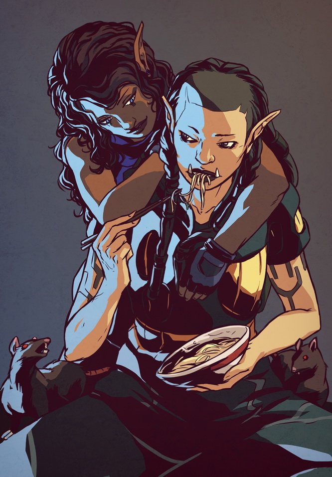 2girls arm_tattoo black_hair blue_eyes bowl chopsticks dark-skinned_female dark_skin dreadlocks dwarf eating female_orc food gobbet_(shadowrun_hong_kong) haguro-hgr holding holding_bowl holding_chopsticks is0bel_(shadowrun_hong_kong) long_pointy_ears mouse multiple_girls noodles orc pointy_ears shadowrun sitting smile tattoo tusks