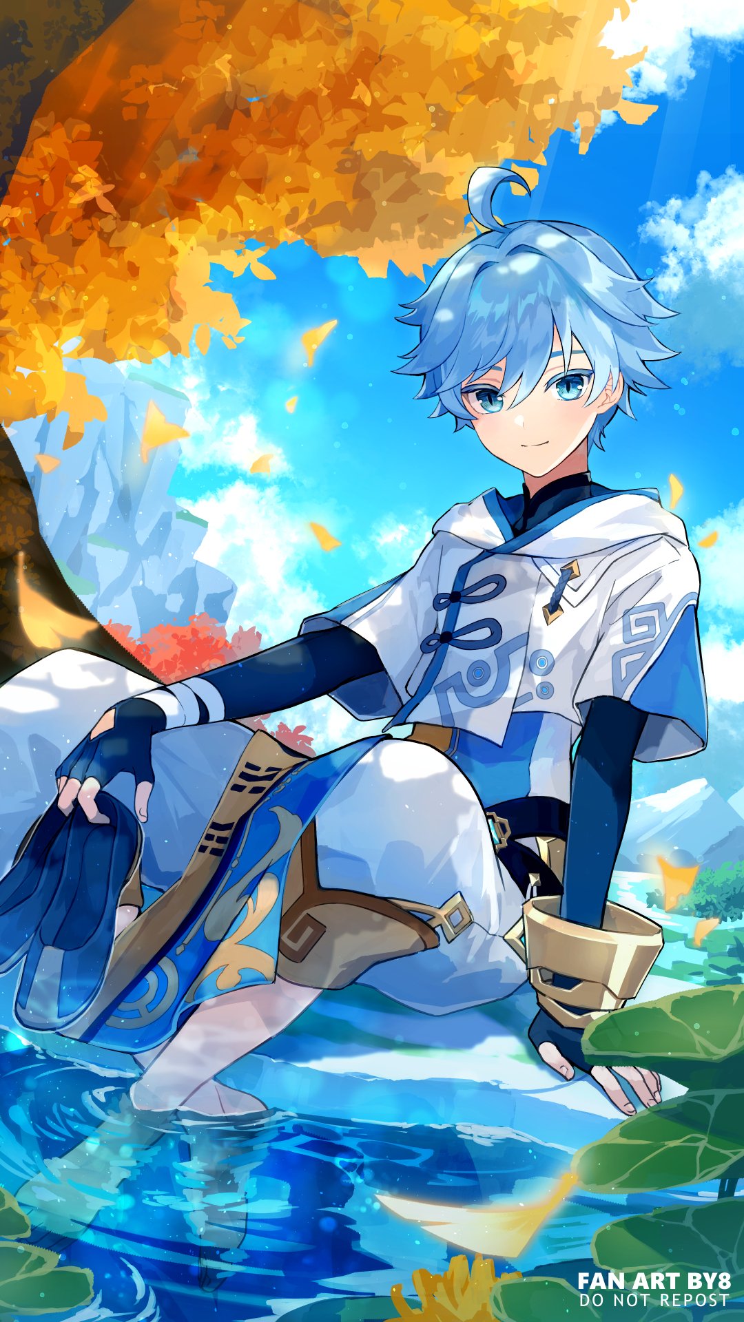 1boy 8_(e_uu88) ahoge artist_name bandages bangs black_gloves blue_eyes blue_hair blue_sky blush bracelet chinese_clothes chongyun_(genshin_impact) closed_mouth clouds commentary_request day elbow_gloves eyelashes falling_leaves fingerless_gloves full_body genshin_impact ginkgo_leaf gloves hair_between_eyes highres hood hood_down hoodie ice jewelry leaf lily_pad looking_at_viewer male_focus mountain outdoors pants short_hair short_sleeves sitting sky smile soaking_feet solo tree water watermark white_hoodie white_pants