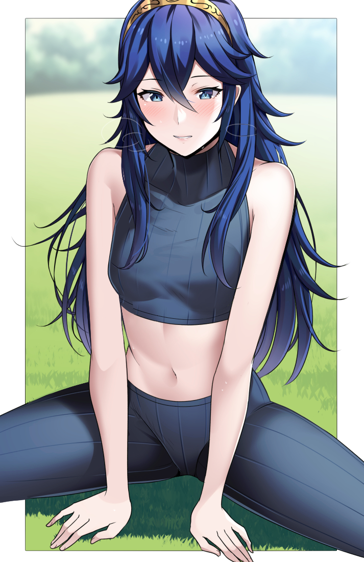 1girl ameno_(a_meno0) bangs bare_shoulders blue_eyes blue_hair blush breasts crop_top family_crest fire_emblem fire_emblem_awakening hands_on_ground lips long_hair lucina_(fire_emblem) midriff navel on_grass pants sitting small_breasts solo spread_legs tiara yoga_pants