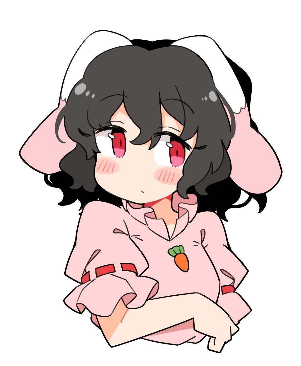 1girl animal_ears black_hair blush carrot_necklace closed_mouth dress frilled_sleeves frills hair_between_eyes inaba_tewi ini_(inunabe00) jewelry necklace pink_dress rabbit_ears red_eyes short_hair short_sleeves simple_background solo touhou upper_body white_background