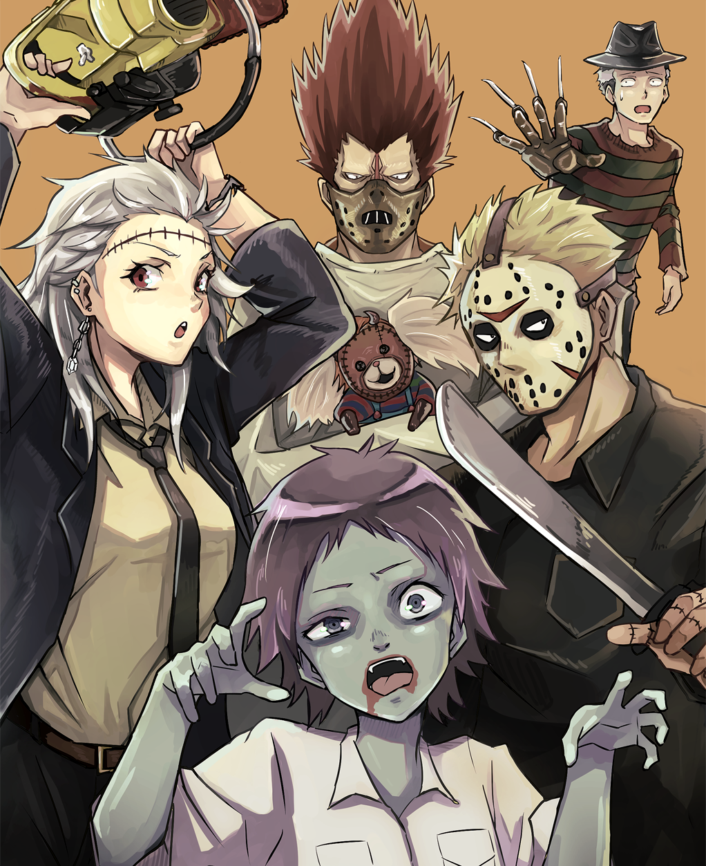 2girls 3boys a_nightmare_on_elm_street animal belt black_shirt blonde_hair blood blood_on_face chainsaw child's_play chucky chucky_(cosplay) collared_shirt cosplay dorohedoro ear_piercing earrings ebisu_(dorohedoro) en_(dorohedoro) fedora freddy_krueger freddy_krueger_(cosplay) friday_the_13th fujita_(dorohedoro) hannibal_lecter hannibal_lecter_(cosplay) hat highres hockey_mask holding holding_animal holding_chainsaw holding_weapon jason_voorhees jason_voorhees_(cosplay) jewelry kikurage_(dorohedoro) leatherface leatherface_(cosplay) machete mask multicolored_hair multiple_boys multiple_girls necktie noi_(dorohedoro) open_mouth orange_background osakanaotoko overalls piercing purple_hair red_eyes redhead shin_(dorohedoro) shirt simple_background straitjacket the_silence_of_the_lambs the_texas_chainsaw_massacre two-tone_hair weapon white_shirt
