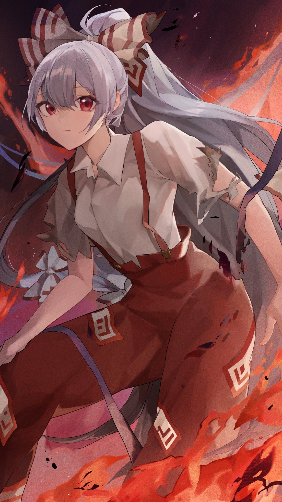 1girl bangs bow closed_mouth collared_shirt commentary feet_out_of_frame fire fujiwara_no_mokou grey_hair hair_between_eyes hair_bow highres long_hair looking_at_viewer ofuda ofuda_on_clothes pants ponytail red_bow red_eyes red_pants shirt solo suspenders torn_clothes torn_sleeves touhou very_long_hair white_bow white_shirt zurui_ninjin