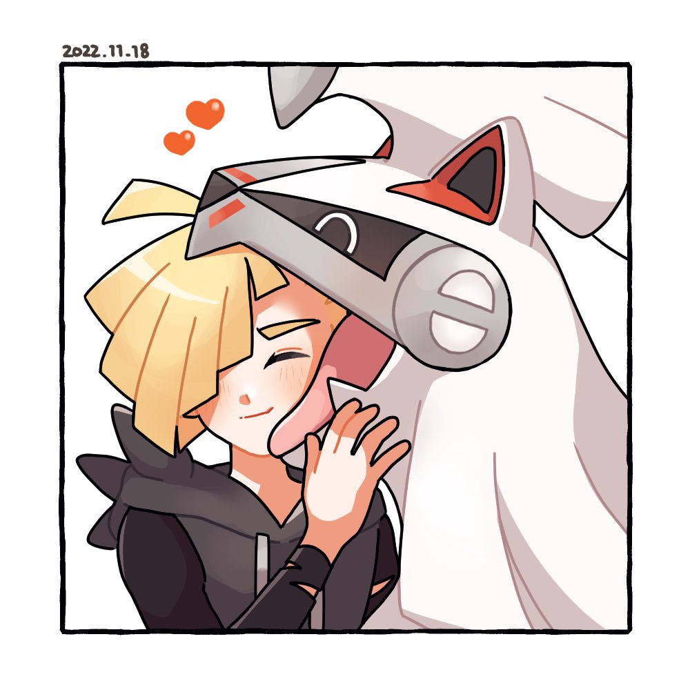 1boy affectionate ahoge bangs black_shirt blonde_hair blush border closed_eyes closed_mouth commentary_request daifuku_(pokefuka_art) dated gladion_(pokemon) grey_vest hair_over_one_eye hand_up heart hood hooded_vest hoodie licking licking_another's_face male_focus pokemon pokemon_(creature) pokemon_(game) pokemon_sm shirt short_hair silvally smile tassel torn_clothes torn_shirt vest white_border