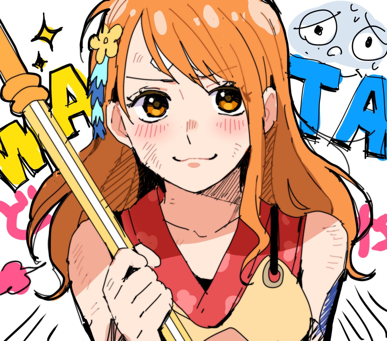 1girl armor bandaid bandaid_on_face bandaid_on_forehead blush bruise chiya_op clima-tact collarbone hair_ornament holding holding_weapon injury japanese_armor japanese_clothes kimono long_hair looking_at_viewer nami_(one_piece) one_piece orange_eyes orange_hair red_kimono sparkle upper_body weapon zeus_(one_piece)