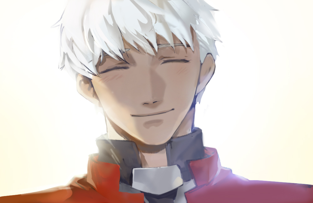 1boy archer_(fate) bangs black_shirt blush closed_eyes commentary_request dark-skinned_male dark_skin donkey_fgo facing_viewer fate/grand_order fate/stay_night fate_(series) happy jacket korean_commentary male_focus portrait red_jacket shirt short_hair simple_background smile solo white_background white_hair