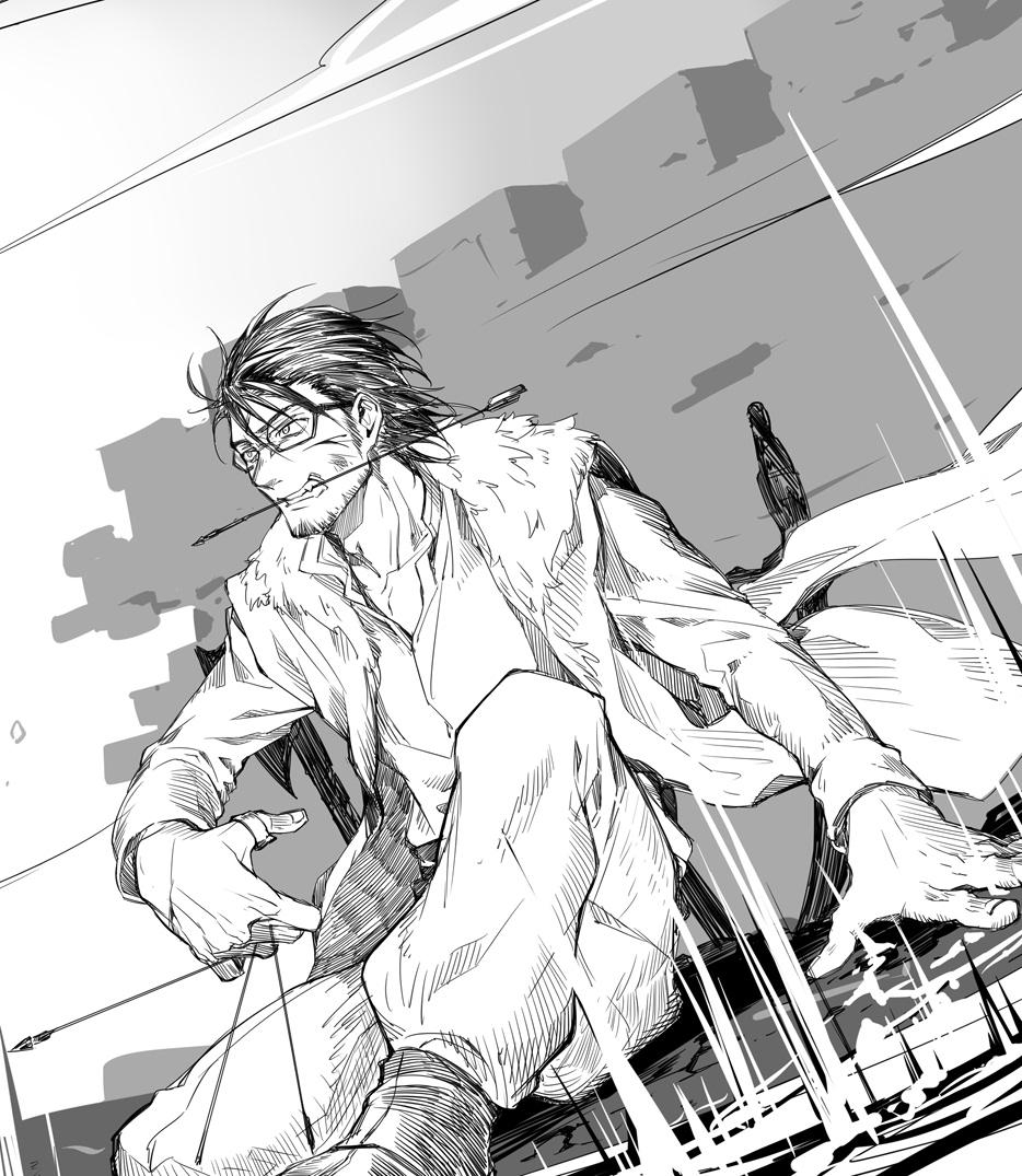 1boy arrow_(projectile) axe bangs between_fingers coat cuts facial_hair fate_(series) foot_out_of_frame fur-trimmed_coat fur_trim glasses greyscale hand_on_ground heki0529 holding holding_arrow injury looking_ahead magic male_focus mehmed_ii_(fate) monochrome mouth_hold open_clothes open_coat open_collar pants planted planted_axe planted_sword shirt short_hair sitting solo stubble sword teeth thumb_ring wall weapon