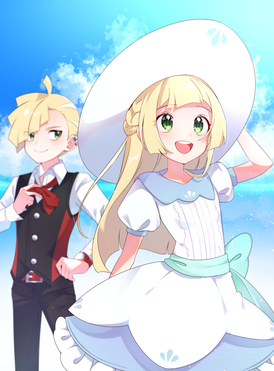 1boy 1girl :d ahoge bangs belt blonde_hair brother_and_sister buttons closed_mouth clouds collared_shirt commentary_request day dress ear_piercing eyelashes ggyoku gladion_(pokemon) green_eyes hand_up hat highres lillie_(pokemon) long_hair long_sleeves open_mouth outdoors pants piercing pokemon pokemon_(anime) pokemon_journeys shirt short_hair short_sleeves siblings sky smile sun_hat teeth tongue upper_teeth vest white_dress white_headwear white_shirt