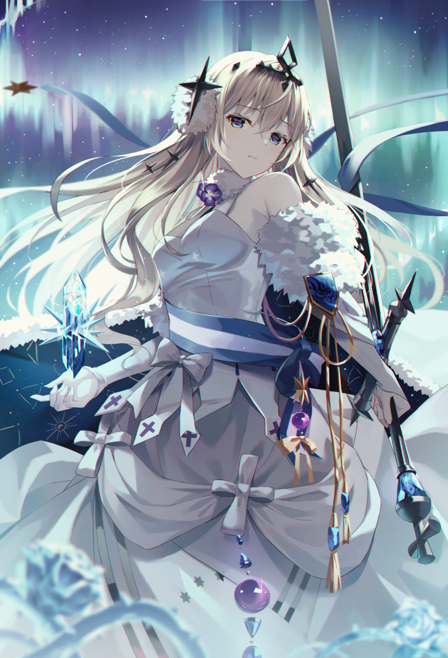 1girl alchemy_stars aurora bethlehem_(alchemy_stars) blonde_hair blurry bow bridal_gauntlets cape circlet constellation constellation_print crystal depth_of_field dress feet_out_of_frame flower fur-trimmed_cape fur_choker fur_trim hair_between_eyes hair_ornament headpiece highres holding holding_sword holding_weapon hyonee ice ice_flower long_dress long_hair long_sword looking_at_viewer parted_lips pom_pom_(clothes) pom_pom_hair_ornament reverse_grip rose sash shoulder_sash sleeveless sleeveless_dress solo sword tassel thorns violet_eyes weapon white_bow white_bridal_gauntlets white_dress