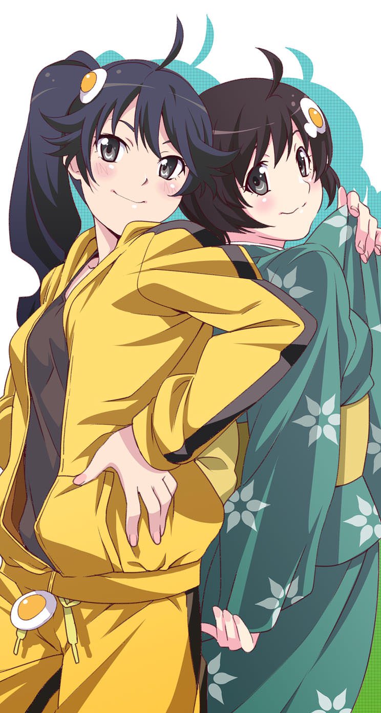 2girls ahoge araragi_karen araragi_tsukihi black_eyes black_hair breasts closed_mouth egg_(food) egg_hair_ornament food food-themed_hair_ornament fried_egg hair_ornament hata_koyomin highres hood jacket long_hair looking_at_viewer monogatari_(series) multiple_girls short_hair siblings side_ponytail sisters smile track_jacket