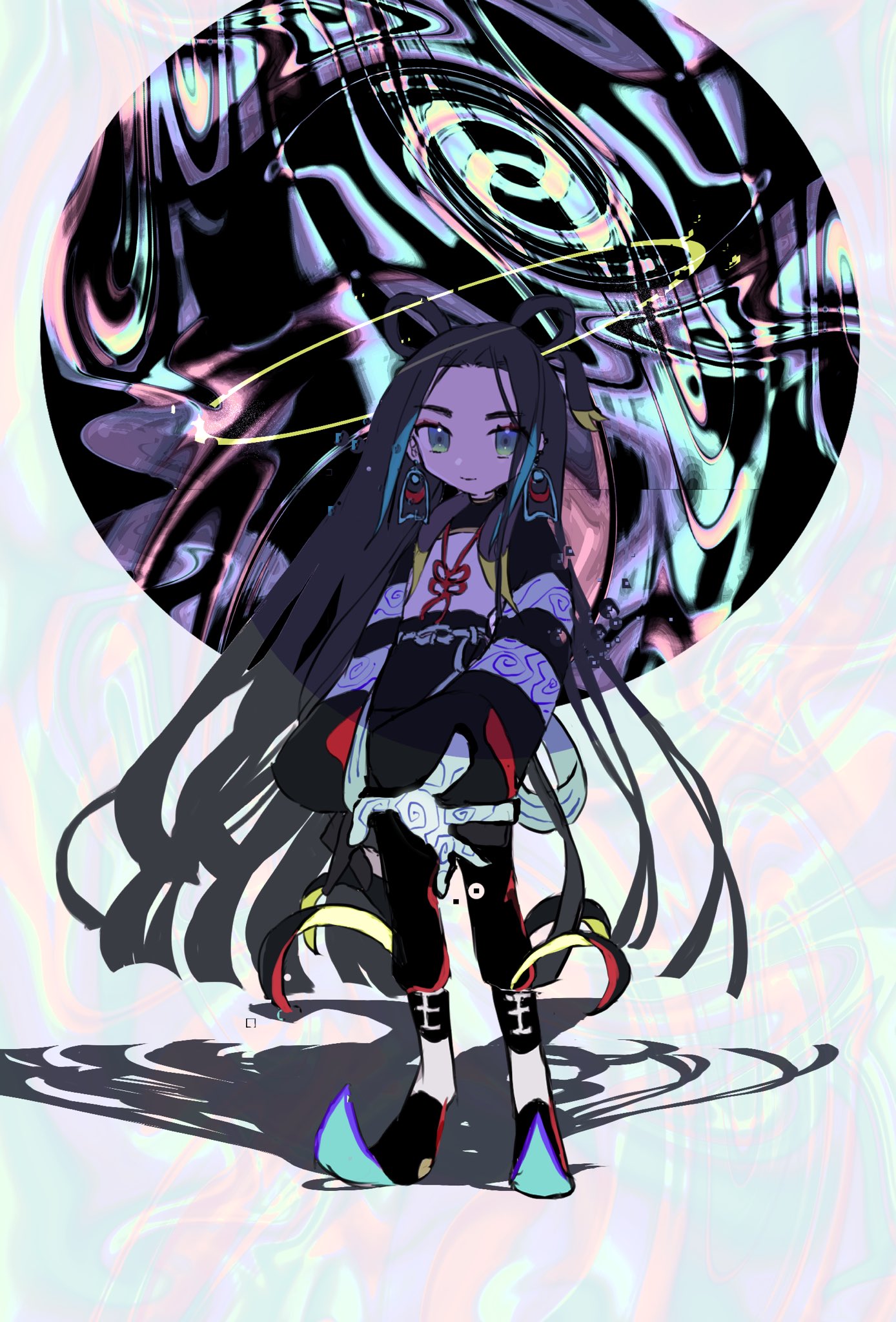 1boy black_circle black_hair black_pants boots chinese_clothes crop_top earrings fate/grand_order fate_(series) full_body gloves green_eyes hair_rings halo highres jewelry light_smile long_hair long_sleeves looking_at_viewer modotteku open_hand pants pointy_footwear ripples shadow solo taisui_xingjun_(fate) very_long_hair white_background
