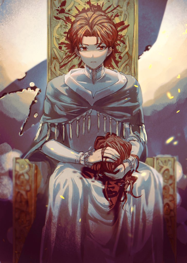 1boy bangs blood blood_on_clothes blood_splatter brown_eyes brown_hair closed_mouth denim_powell embers expressionless holding long_sleeves male_focus miyama_(lacrima01) robe severed_head short_hair solo tactics_ogre throne white_robe