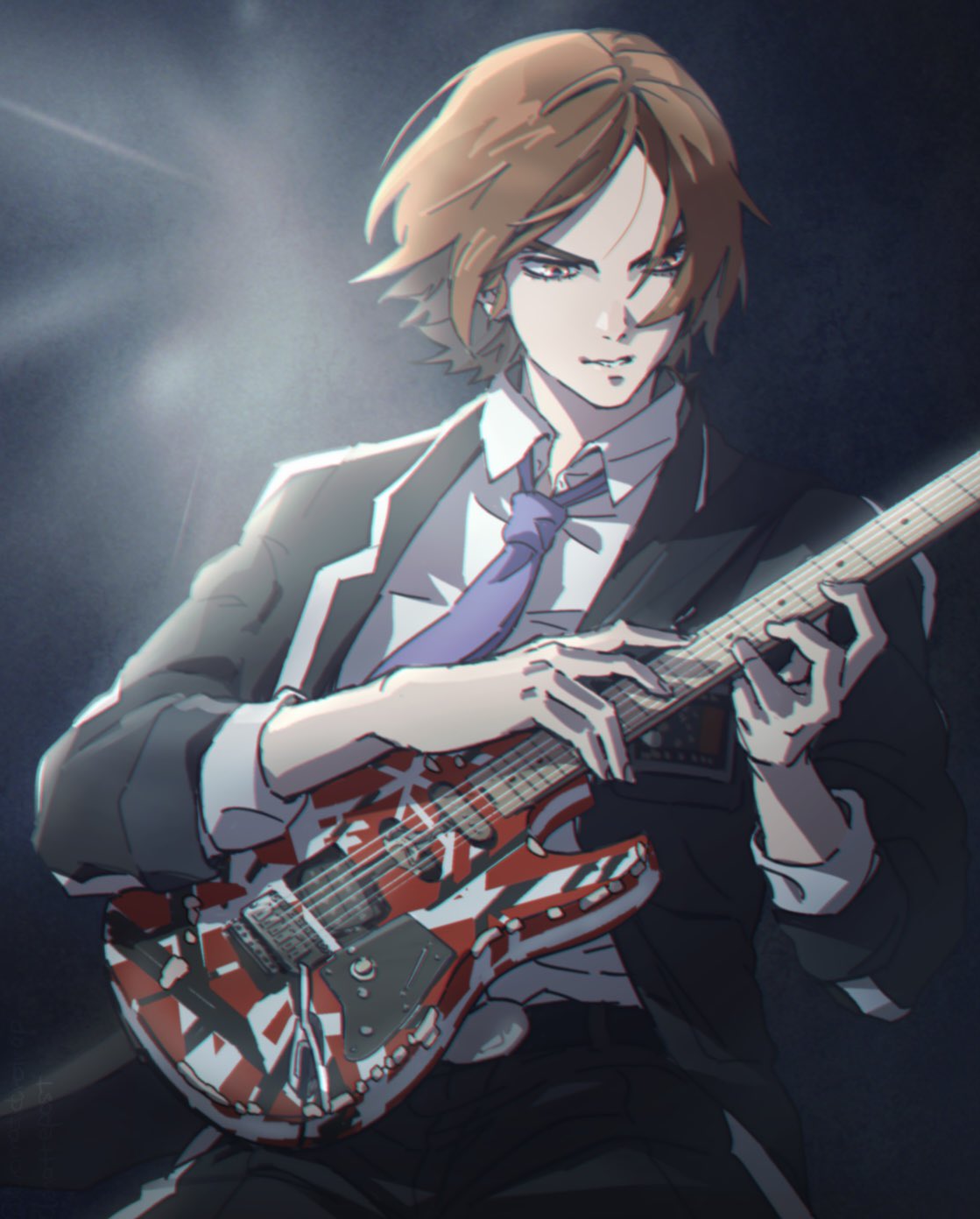 1boy bangs belt black_background black_jacket brown_eyes brown_hair dress_shirt guitar highres instrument jacket light_rays looking_at_object male_focus music necktie parted_bangs parted_lips persona persona_2 playing_instrument purple_necktie school_uniform seven_sisters_high_school_uniform shirt short_hair sleeves_rolled_up smile suou_tatsuya tori_(bromaticbrotrap) white_shirt