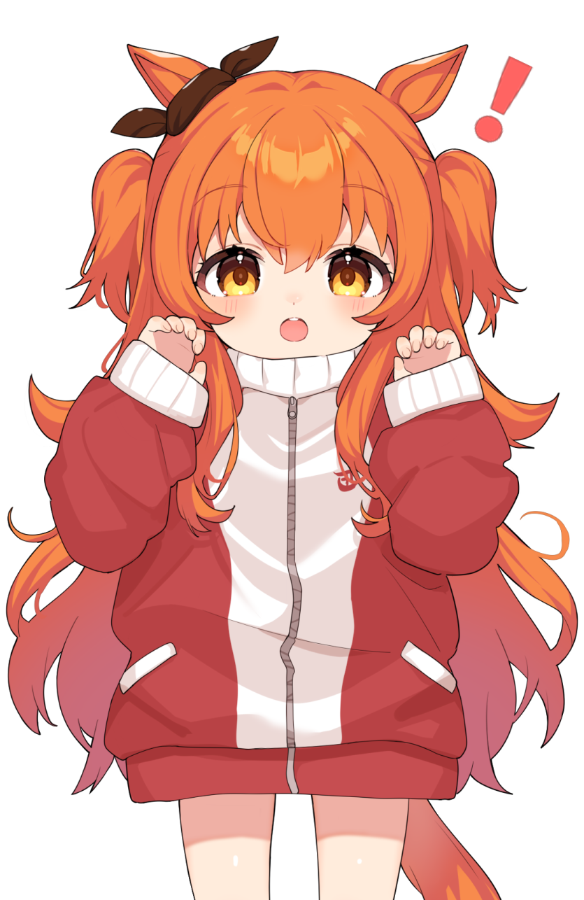 ! 1girl aged_down animal_ears blush commentary_request hair_between_eyes hair_ornament hands_up highres horse_ears horse_girl horse_tail inuyama_nanami jacket long_hair long_sleeves looking_at_viewer mayano_top_gun_(umamusume) open_mouth orange_eyes orange_hair oversized_clothes simple_background sleeves_past_wrists solo tail tracen_training_uniform track_jacket umamusume white_background