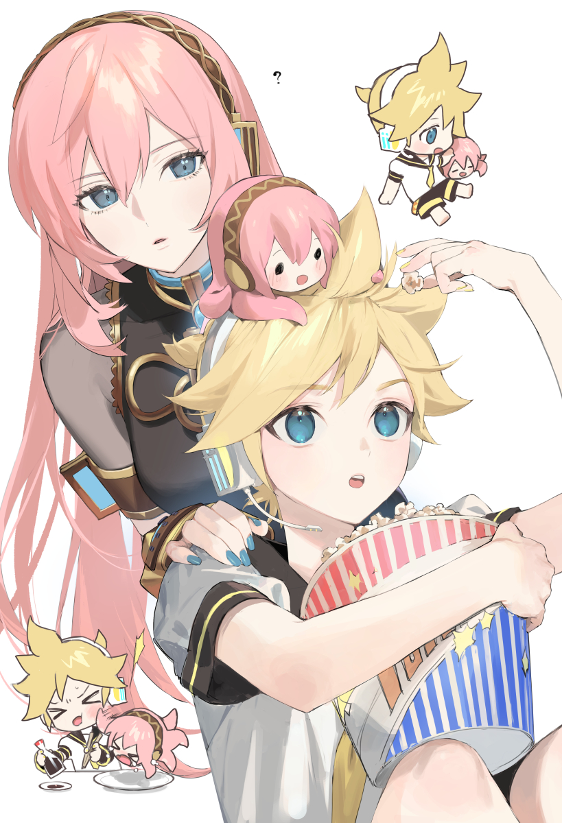 &gt;_&lt; 1boy 2girls :o ? animal armband black_sailor_collar black_shirt blonde_hair blue_eyes blue_nails bottle bucket chibi chibi_inset chopsticks commentary feeding food hand_on_another's_shoulder headpat headphones headset highres holding holding_bucket holding_chopsticks kagamine_len left-handed long_hair megurine_luka motion_blur multiple_girls naoko_(naonocoto) octopus on_head open_mouth pink_hair plate popcorn sailor_collar shirt short_ponytail short_sleeves slapping soy_sauce spiky_hair takoluka tears vocaloid white_background white_shirt yellow_nails