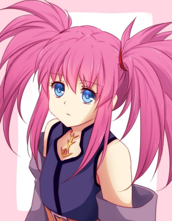 1girl belt blue_eyes closed_mouth detached_sleeves expressionless jewelry long_hair looking_at_viewer pink_hair presea_combatir sakuno_ririsu simple_background solo tales_of_(series) tales_of_symphonia twintails