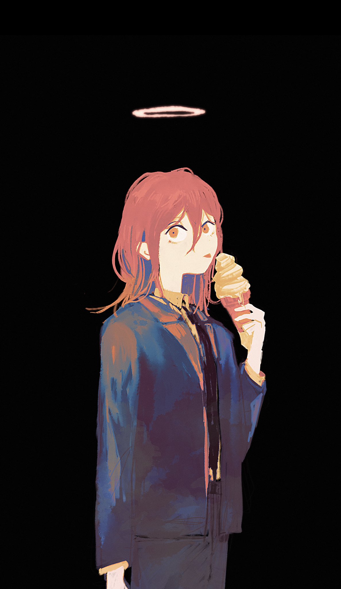 1boy angel_devil_(chainsaw_man) black_background black_jacket black_necktie black_pants brown_hair chainsaw_man collared_shirt food formal halo highres holding_ice_cream ice_cream ice_cream_cone jacket licking long_hair looking_at_viewer necktie orange_eyes pants shinamoku00 shirt simple_background solo suit tongue tongue_out white_shirt