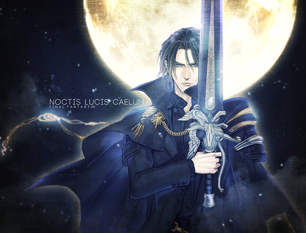 1boy armor black_cloak black_hair black_jacket black_shirt blue_eyes character_name cloak closed_mouth final_fantasy final_fantasy_xv full_moon gold_trim hair_between_eyes holding holding_sword holding_weapon jacket long_sleeves looking_at_viewer male_focus moon night night_sky noctis_lucis_caelum open_collar serious shirt short_hair shoulder_armor sky solo sword upper_body weapon yui_(nightflight)