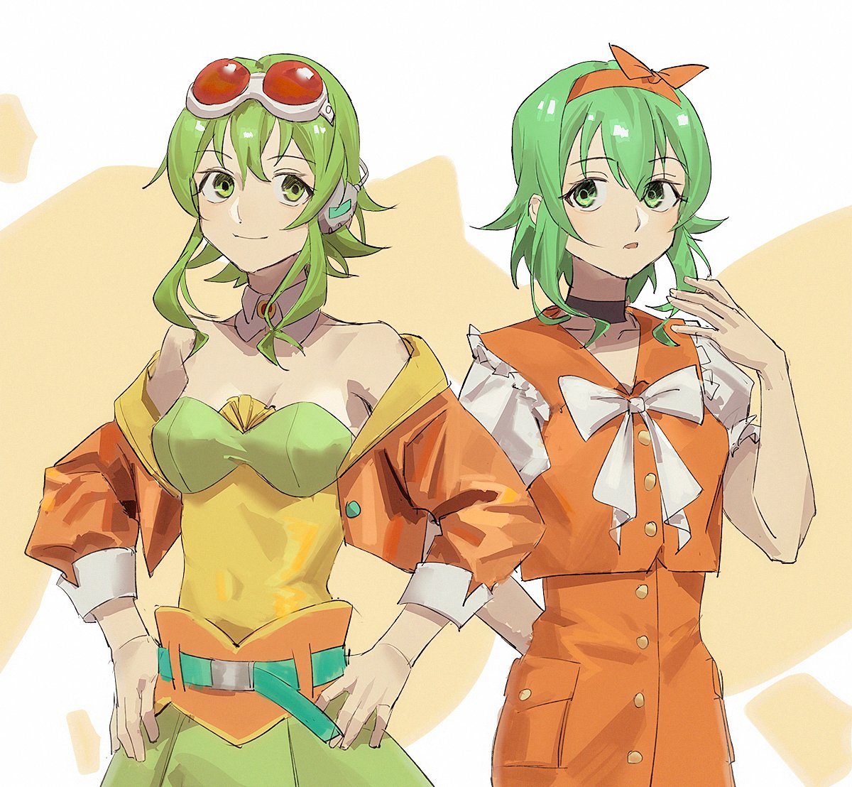 2girls a.i._voice arm_behind_back bare_shoulders belt bow bow_hairband bra commentary covered_navel cowboy_shot detached_collar dual_persona goggles goggles_on_head green_bra green_eyes green_hair green_skirt gumi gumi_(a.i._voice) gumi_(ai_megpoid) hair_bow hairband hand_up hands_on_hips headphones jacket layered_skirt looking_at_viewer multiple_girls off_shoulder open_clothes open_jacket orange_bow orange_jacket orange_shirt orange_skirt parted_lips red_goggles shirt skirt smile standing underwear vocaloid wounds404 yellow_shirt