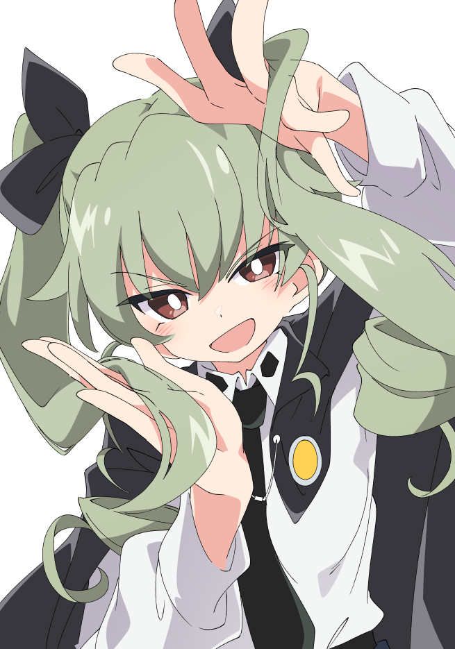 1girl :d anchovy_(girls_und_panzer) black_cape black_necktie black_ribbon brown_eyes cape commentary girls_und_panzer green_hair hair_ribbon ixy long_hair long_sleeves looking_at_viewer necktie open_mouth ribbon shirt simple_background smile solo twintails white_background white_shirt