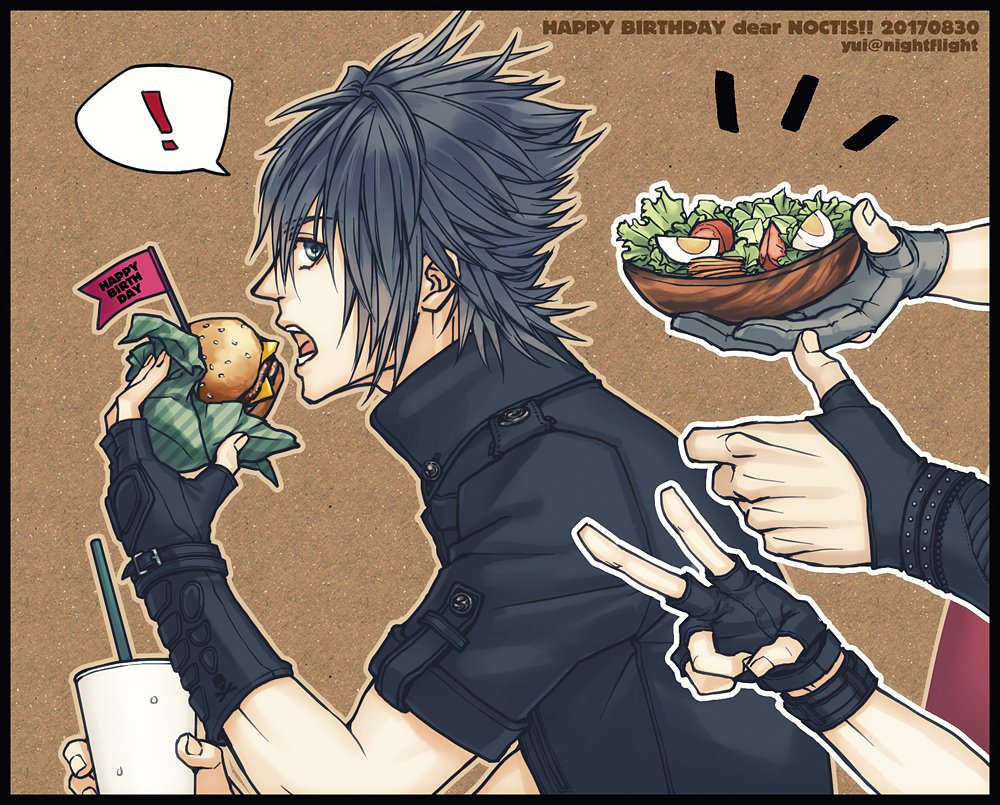 ! 4boys artist_name black_gloves black_hair black_jacket border bowl brown_background burger character_name cup dated disposable_cup eating final_fantasy final_fantasy_xv fingerless_gloves food gladiolus_amicitia gloves hair_between_eyes hair_slicked_back happy_birthday hardboiled_egg high_collar holding holding_bowl holding_cup holding_food ignis_scientia jacket looking_back lower_teeth male_focus multiple_boys noctis_lucis_caelum open_mouth out_of_frame partially_fingerless_gloves prompto_argentum salad_bowl short_hair short_sleeves solo_focus spiky_hair spoken_exclamation_mark teeth upper_body upper_teeth yui_(nightflight)