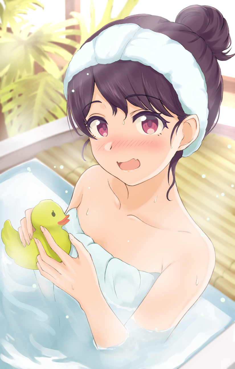 1girl artist_request bare_shoulders bathing bathtub black_hair collarbone commentary_request fangs fukumaru_koito hair_bun highres idolmaster idolmaster_shiny_colors looking_at_viewer naked_towel open_mouth partially_submerged rubber_duck single_hair_bun skin_fangs solo steam towel violet_eyes water wet