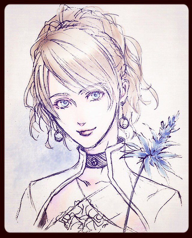 1girl bangs black_choker blonde_hair blue_eyes blue_flower border braid choker criss-cross_halter dress earrings final_fantasy final_fantasy_xv flower hair_up halterneck jewelry lunafreya_nox_fleuret ponytail portrait sketch smile solo swept_bangs upper_body wavy_hair white_dress yui_(nightflight)