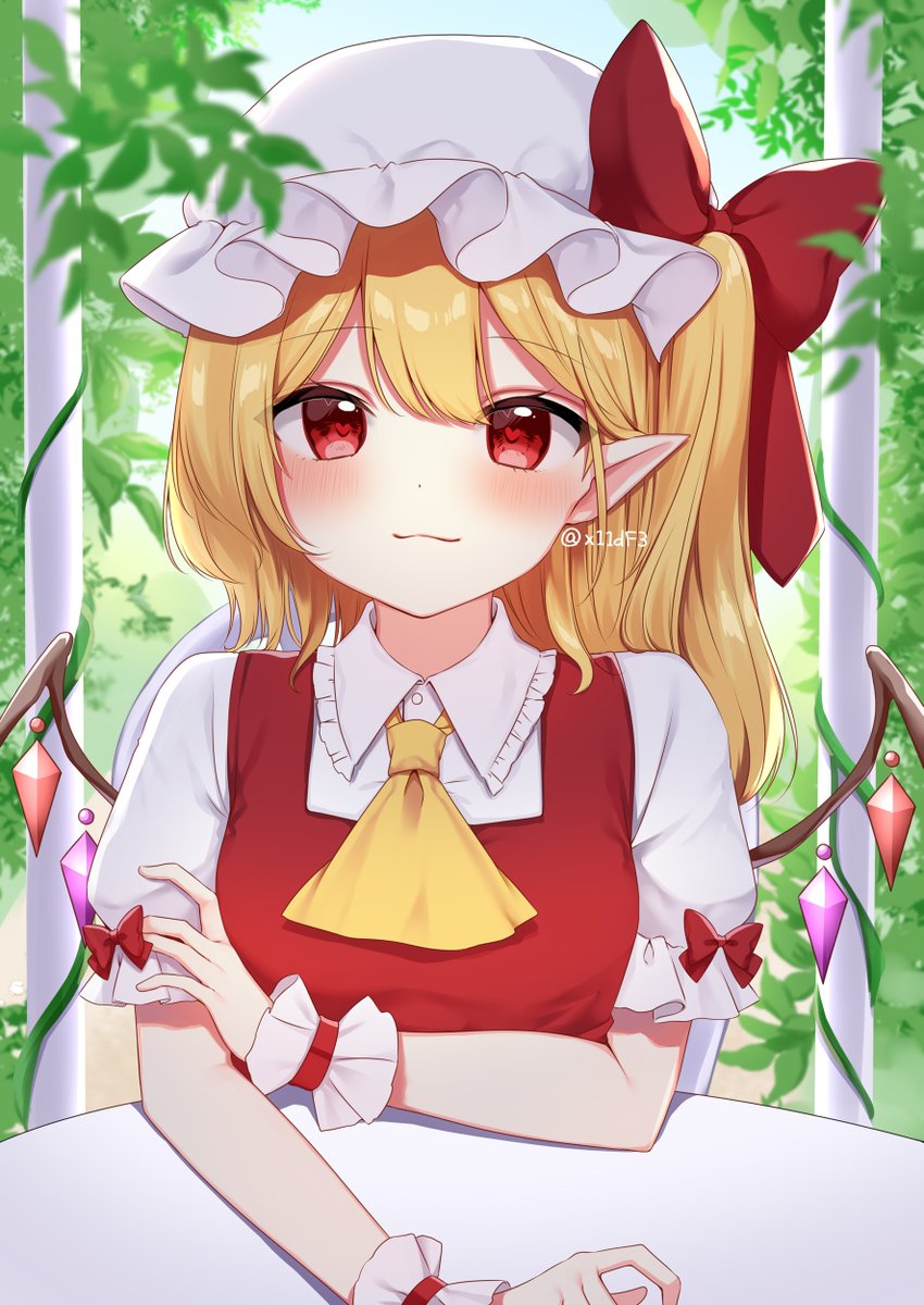 1girl ascot bangs blonde_hair blue_sky blush bow breasts buttons closed_mouth collared_shirt crystal dress flandre_scarlet garden hair_between_eyes hand_up hat hat_bow heart heart-shaped_pupils highres jewelry leaf looking_at_viewer mob_cap multicolored_wings one_side_up outdoors photoshop_(medium) plant pointy_ears puffy_short_sleeves puffy_sleeves red_bow red_dress red_eyes shinonome_asu shirt short_hair short_sleeves sitting sky smile solo symbol-shaped_pupils table touhou twitter_username white_headwear white_shirt wings wrist_cuffs yellow_ascot