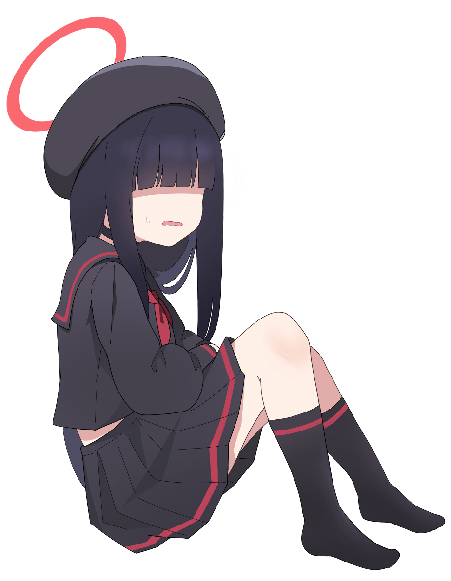1girl beret black_hair black_headwear black_sailor_collar black_serafuku black_shirt black_skirt black_socks blue_archive from_side full_body hair_over_eyes halo hat justice_committee_club_member_(blue_archive) knees_up long_hair looking_at_viewer looking_to_the_side neckerchief no_shoes nyaru_(nyaru_4126) parted_lips pleated_skirt red_neckerchief sailor_collar school_uniform serafuku shaded_face shirt simple_background sitting skirt socks solo sweat wavy_mouth white_background