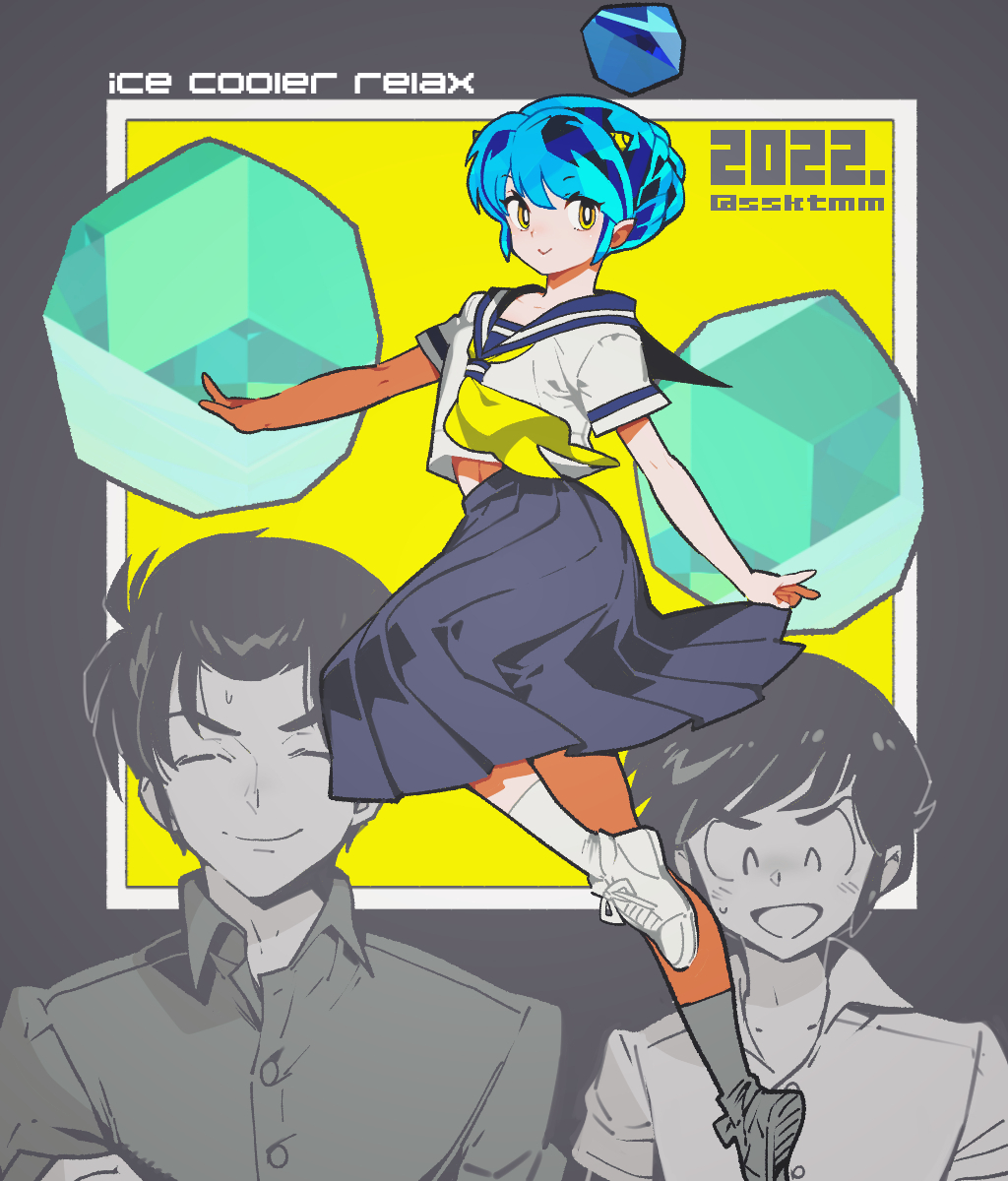 1girl 2boys bangs blue_hair blush border breasts closed_eyes collared_shirt crossed_arms fujimoto_hideaki full_body gem grey_sailor_collar grey_skirt hair_up highres horns long_skirt looking_at_viewer lum mendou_shuutarou midriff_peek moroboshi_ataru multiple_boys neckerchief open_mouth outstretched_arms pleated_skirt pointy_ears sailor_collar school_uniform serafuku shirt shoes short_hair short_sleeves sidelocks skirt small_breasts smile sneakers socks sweatdrop twitter_username upper_body urusei_yatsura v white_footwear white_shirt white_socks yellow_background yellow_eyes yellow_neckerchief