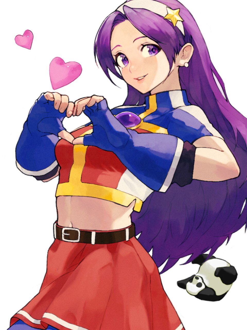 1girl asamiya_athena belt blue_gloves fingerless_gloves gloves hair_ornament hairband heart heart_hands highres long_hair looking_at_viewer navel oni_gini panda parted_lips purple_hair red_skirt skirt smile star_(symbol) star_hair_ornament the_king_of_fighters violet_eyes white_hairband