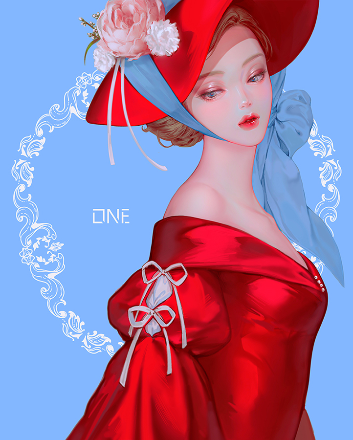 'o'ne 1girl artist_name bare_shoulders blue_eyes brown_hair collarbone dress english_text flower hat hat_flower hat_ribbon makeup open_mouth original red_dress red_headwear red_lips ribbon simple_background