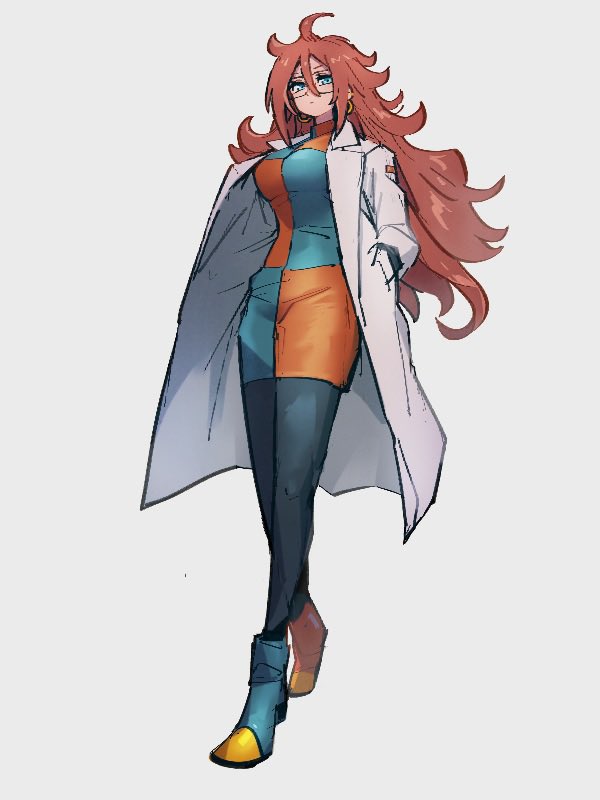 1girl android_21 asymmetrical_footwear blue_eyes blue_footwear boots breasts checkered_clothes checkered_dress dragon_ball dragon_ball_fighterz dress full_body glasses grey_background hair_between_eyes hand_in_pocket kemachiku labcoat long_hair looking_at_viewer medium_breasts mismatched_footwear red_footwear redhead shoes simple_background solo
