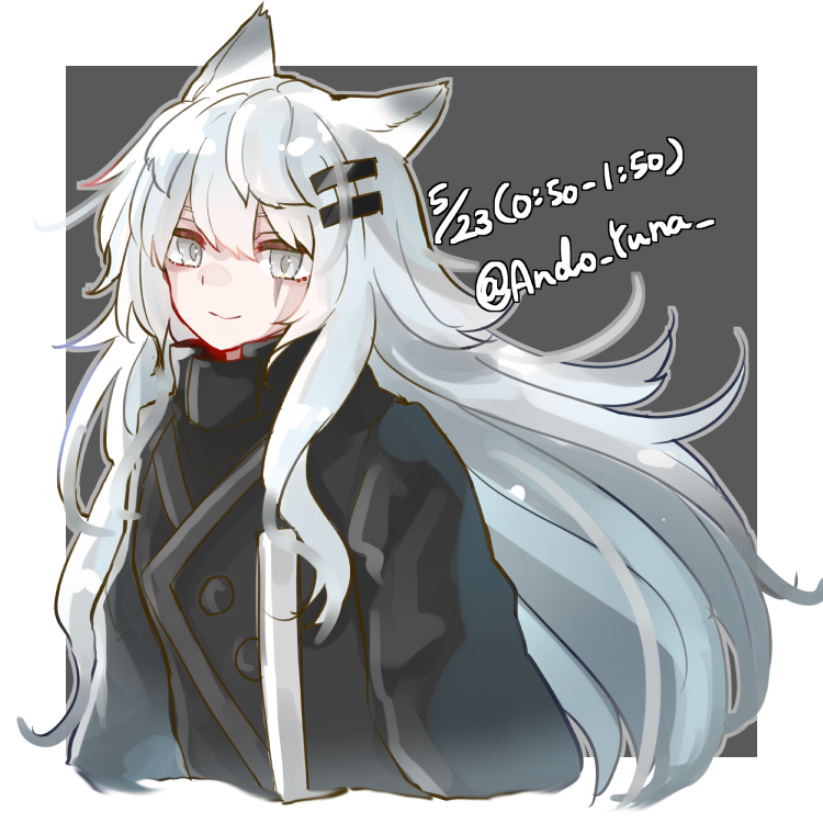 1girl andou_yuna animal_ears arknights artist_name black_jacket grey_eyes hair_ornament jacket lappland_(arknights) long_hair scar scar_across_eye scar_on_face smile twitter_username very_long_hair white_fur white_hair wolf_ears wolf_girl