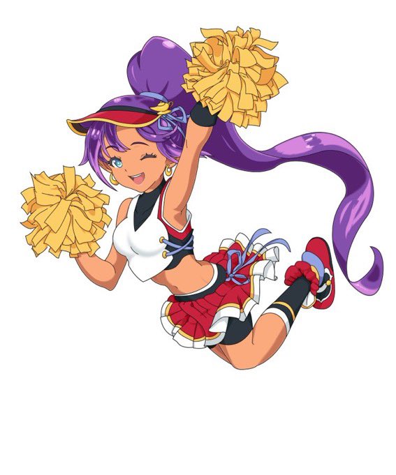 artist_request blue_eyes cheerleader earrings jewelry one_eye_closed pom_pom_(cheerleading) ponytail shantae shantae_(series) solo source_request third-party_source white_background