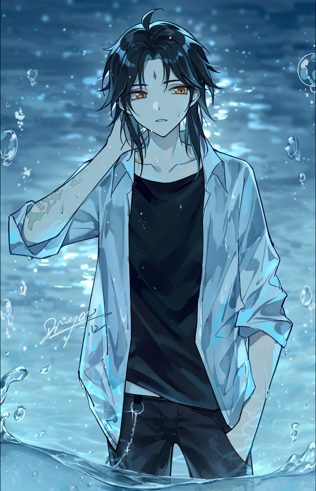 1boy arm_tattoo black_hair black_pants black_shirt collarbone duoyaoyao_chuqiyu facial_mark forehead_mark genshin_impact green_hair in_water jacket male_focus multicolored_hair open_mouth pants shirt short_hair solo tattoo two-tone_hair water_drop wet xiao_(genshin_impact) yellow_eyes