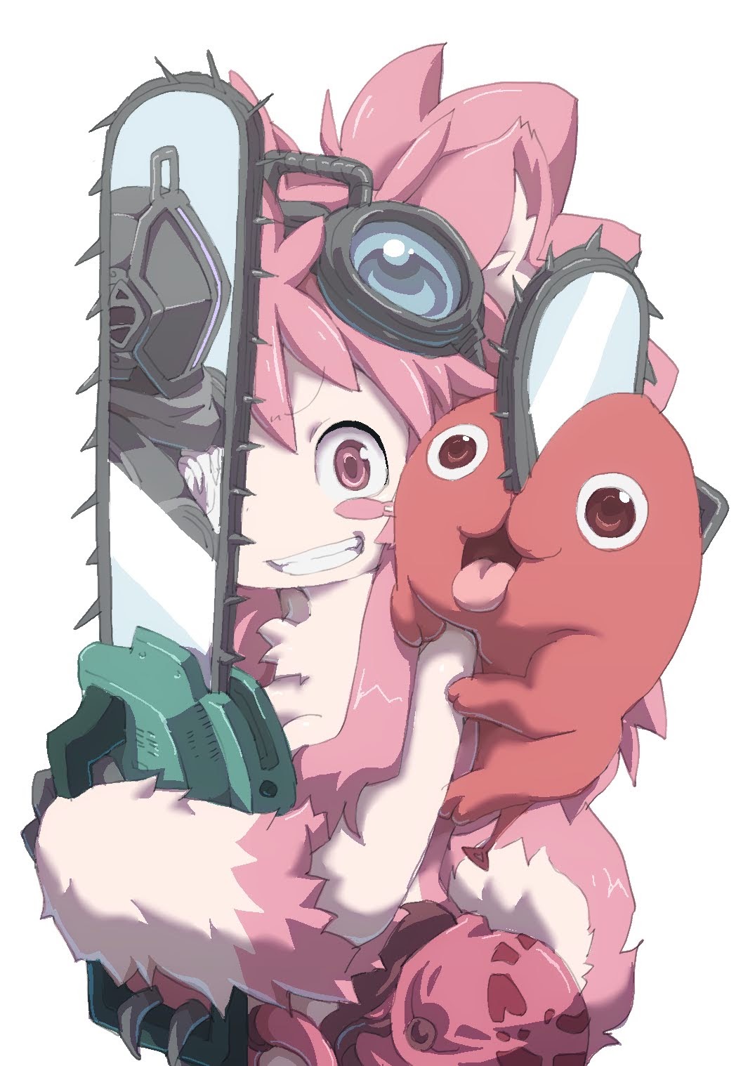 1boy 1girl 1other animal_ears chain chainsaw chainsaw_man character_request commentary commentary_request furry goggles goggles_on_head highres holding holding_weapon long_hair made_in_abyss mitty_(made_in_abyss)_(furry) open_mouth pink_eyes pink_fur pink_hair pochita_(chainsaw_man) reflection simple_background smile teeth tongue tongue_out weapon white_background ximu_shilang