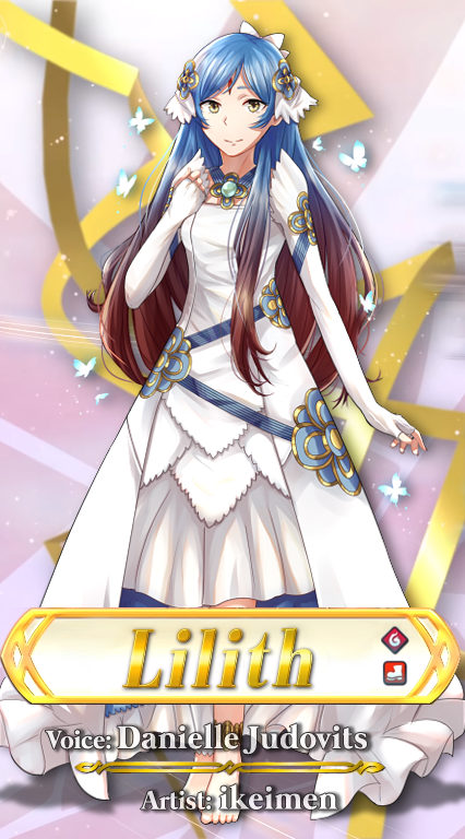 1girl alternate_costume anklet bangs barefoot blue_hair bow breasts bug butterfly dragon_girl dress elbow_gloves english_text fake_screenshot fingerless_gloves fire_emblem fire_emblem_fates fire_emblem_heroes forehead_jewel gloves gradient_hair hair_ornament ikeimen jewelry lilith_(fire_emblem) long_hair looking_at_viewer multicolored_hair redhead smile solo veil white_bow yellow_eyes