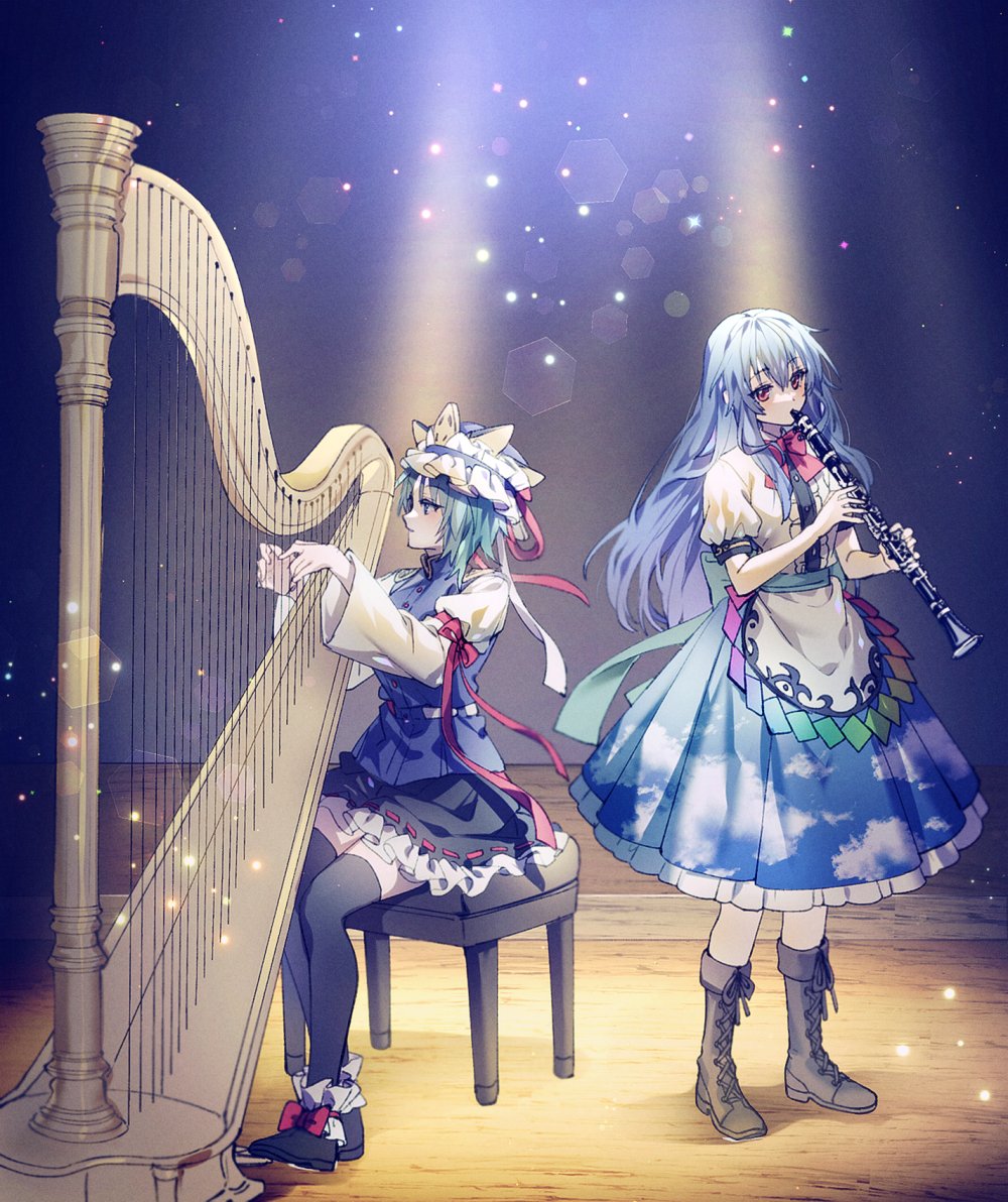 2girls boots clarinet cross-laced_footwear from_side harp hat here_(hr_rz_ggg) hinanawi_tenshi instrument light_particles light_rays long_hair multiple_girls music night no_headwear playing_instrument profile shiki_eiki sitting skirt thigh-highs touhou