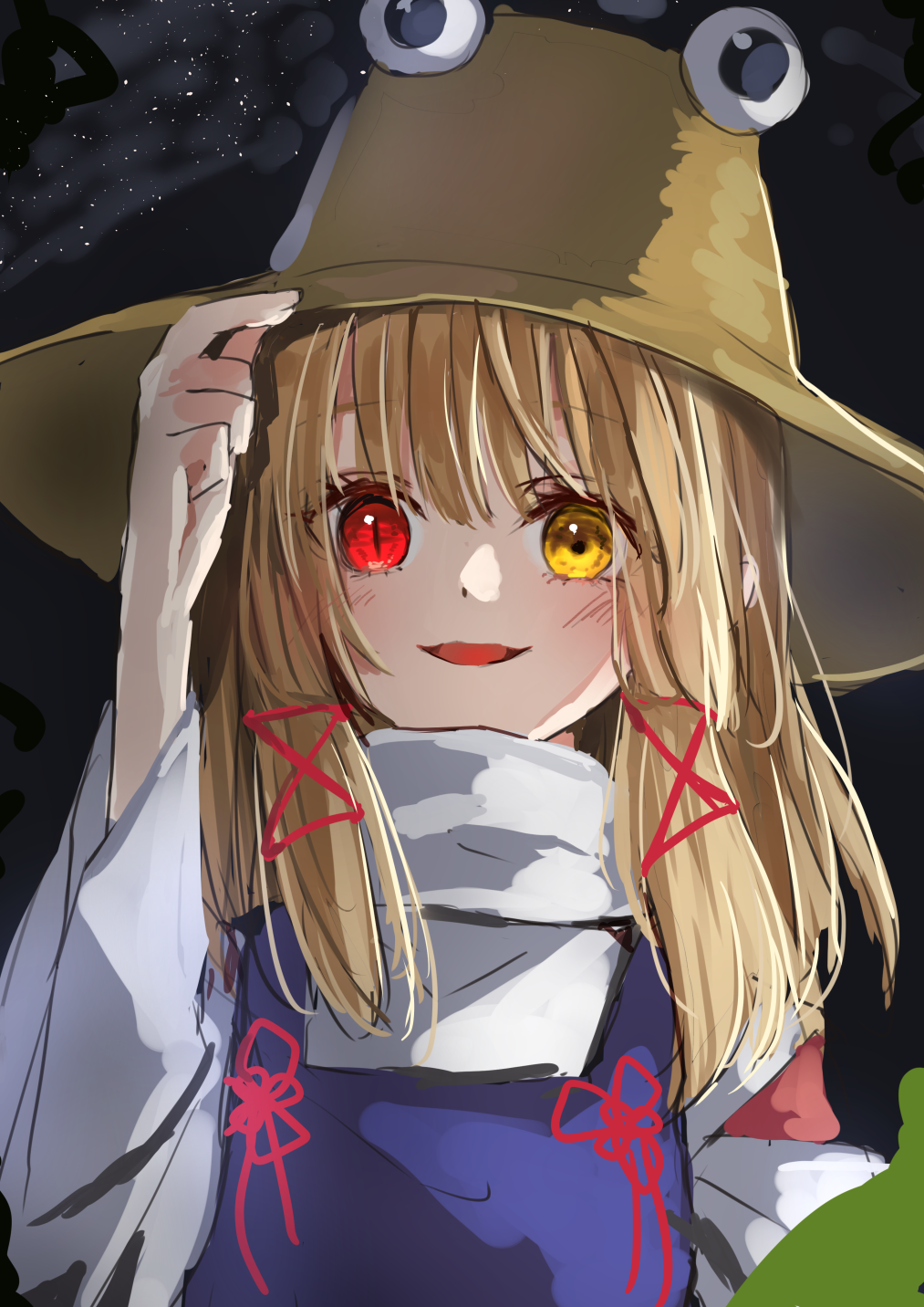 1girl blonde_hair blush brown_headwear hair_ribbon hat heterochromia highres long_hair long_sleeves looking_at_viewer moriya_suwako one-hour_drawing_challenge open_mouth purple_vest red_eyes red_ribbon ribbon shironeko_yuuki shirt slit_pupils smile solo touhou tress_ribbon upper_body vest white_shirt wide_sleeves yellow_eyes