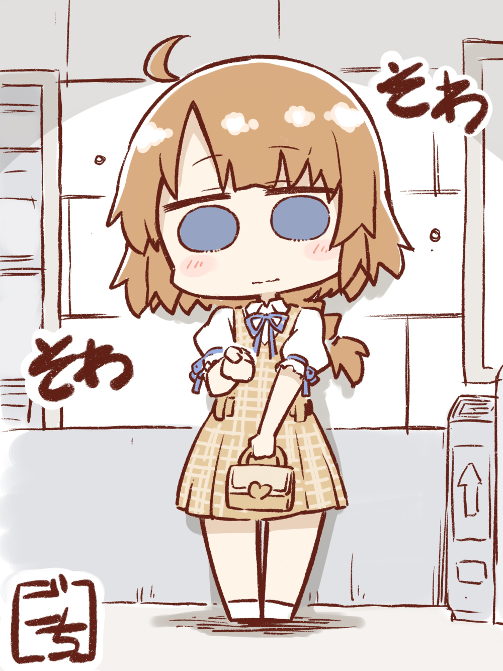 1girl ahoge artist_name assault_lily bag bangs belt black_belt blue_eyes blue_ribbon blush braid braided_ponytail brown_dress chibi closed_mouth collared_shirt commentary_request dress fare_gate flying_sweatdrops futagawa_fumi gochisousama_(tanin050) hand_up handbag heart heart_print highres holding holding_bag indoors looking_at_viewer low_ponytail neck_ribbon orange_hair pinafore_dress plaid plaid_dress print_bag puffy_short_sleeves puffy_sleeves ribbon shadow shirt shoes short_sleeves single_braid sleeve_ribbon solid_circle_eyes solo standing train_station wavy_mouth white_footwear white_shirt