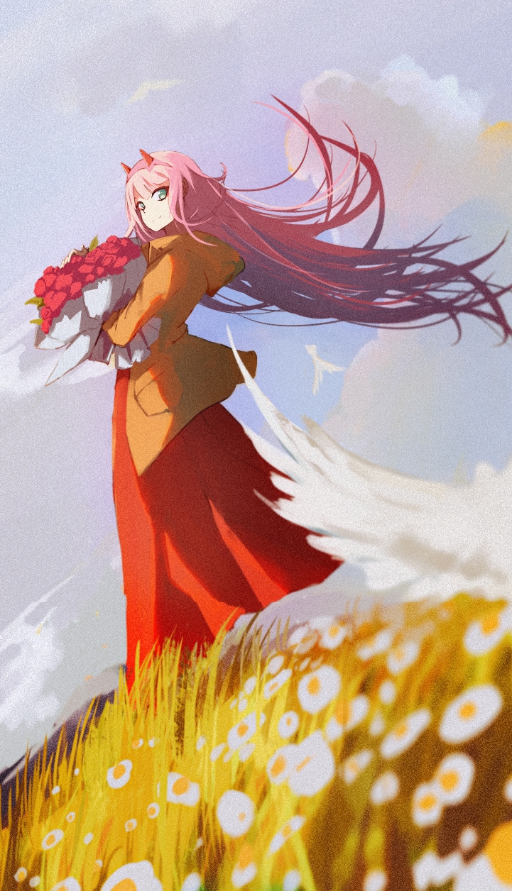 1girl alternate_costume bouquet closed_mouth clouds darling_in_the_franxx floating_hair flower green_eyes grey_sky hairband highres holding holding_bouquet hood hood_down hooded_jacket horns jacket long_hair long_skirt long_sleeves looking_at_viewer orange_jacket outdoors pink_hair pink_hairband red_flower red_skirt skirt smile solo standing very_long_hair white_flower wind wind_lift yaomei_xingchen zero_two_(darling_in_the_franxx)