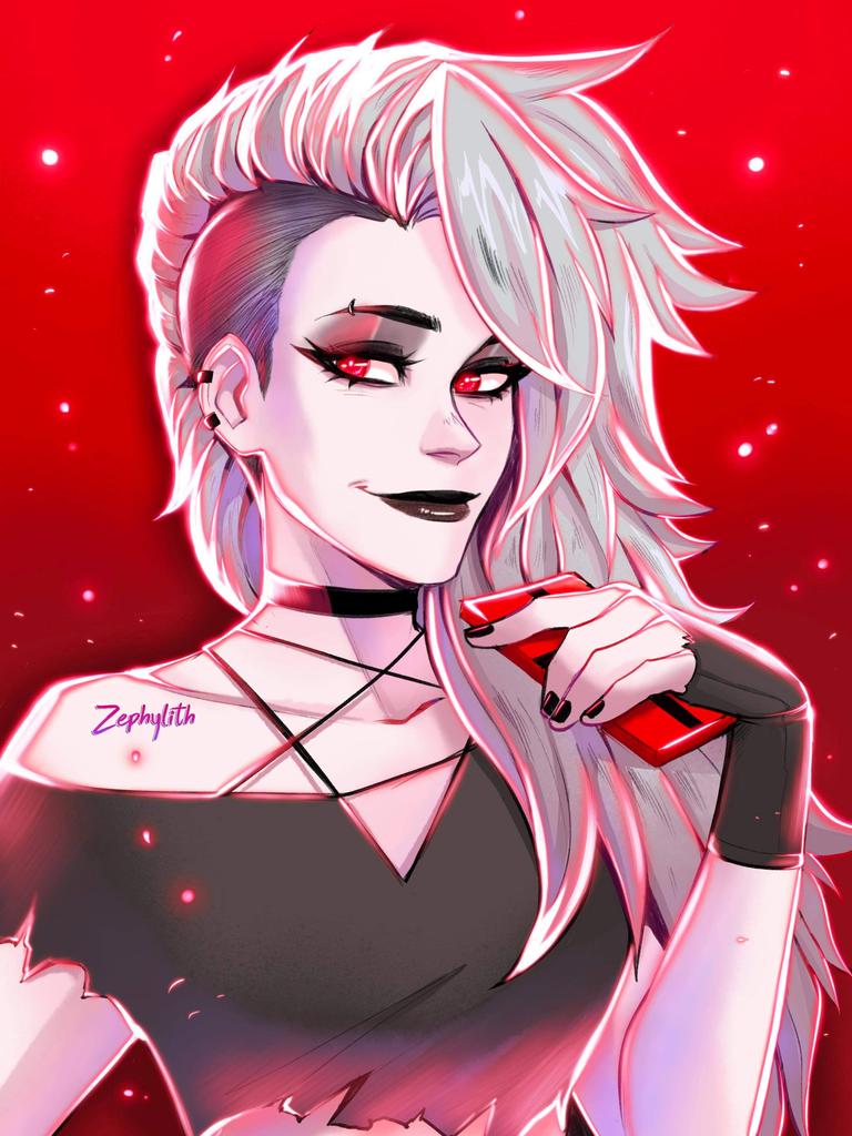 1girl alternate_form artist_name black_lips black_nails choker crop_top ear_piercing eyebrow_piercing fingerless_gloves gloves helluva_boss loona_(helluva_boss) nail_polish pale_skin piercing red_eyes smile solo undercut white_hair zephymon_art