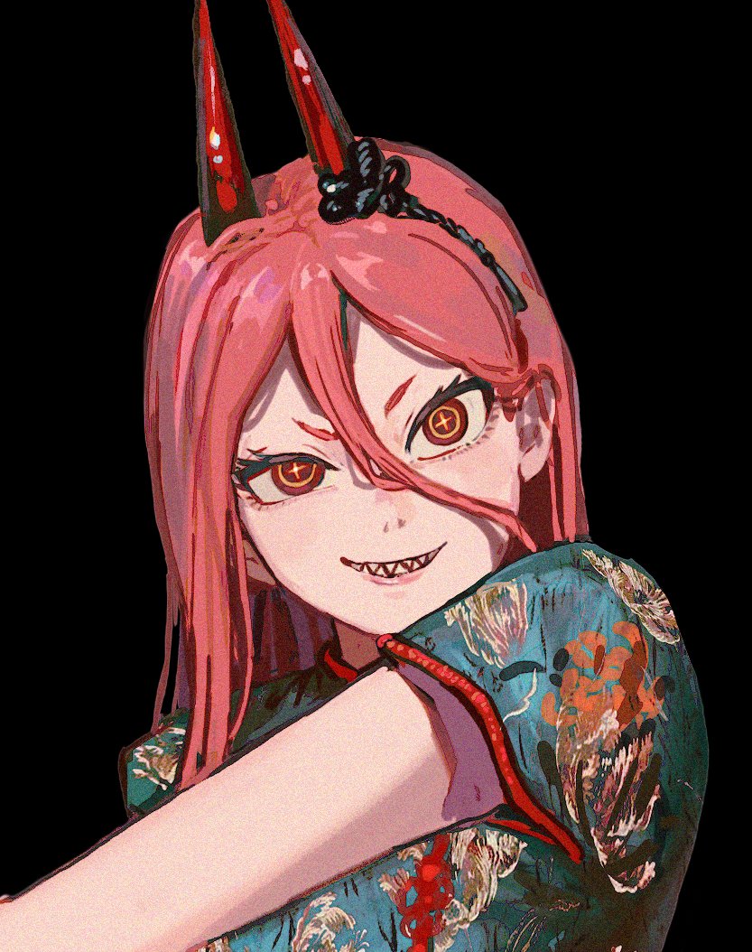 1girl bangs black_background chainsaw_man china_dress chinese_clothes cross-shaped_pupils dress floral_print green_dress hair_between_eyes horn_ornament horn_ribbon horns long_hair looking_at_viewer pink_hair power_(chainsaw_man) red_eyes red_horns ribbon sharp_teeth shinamoku00 simple_background smile solo teeth