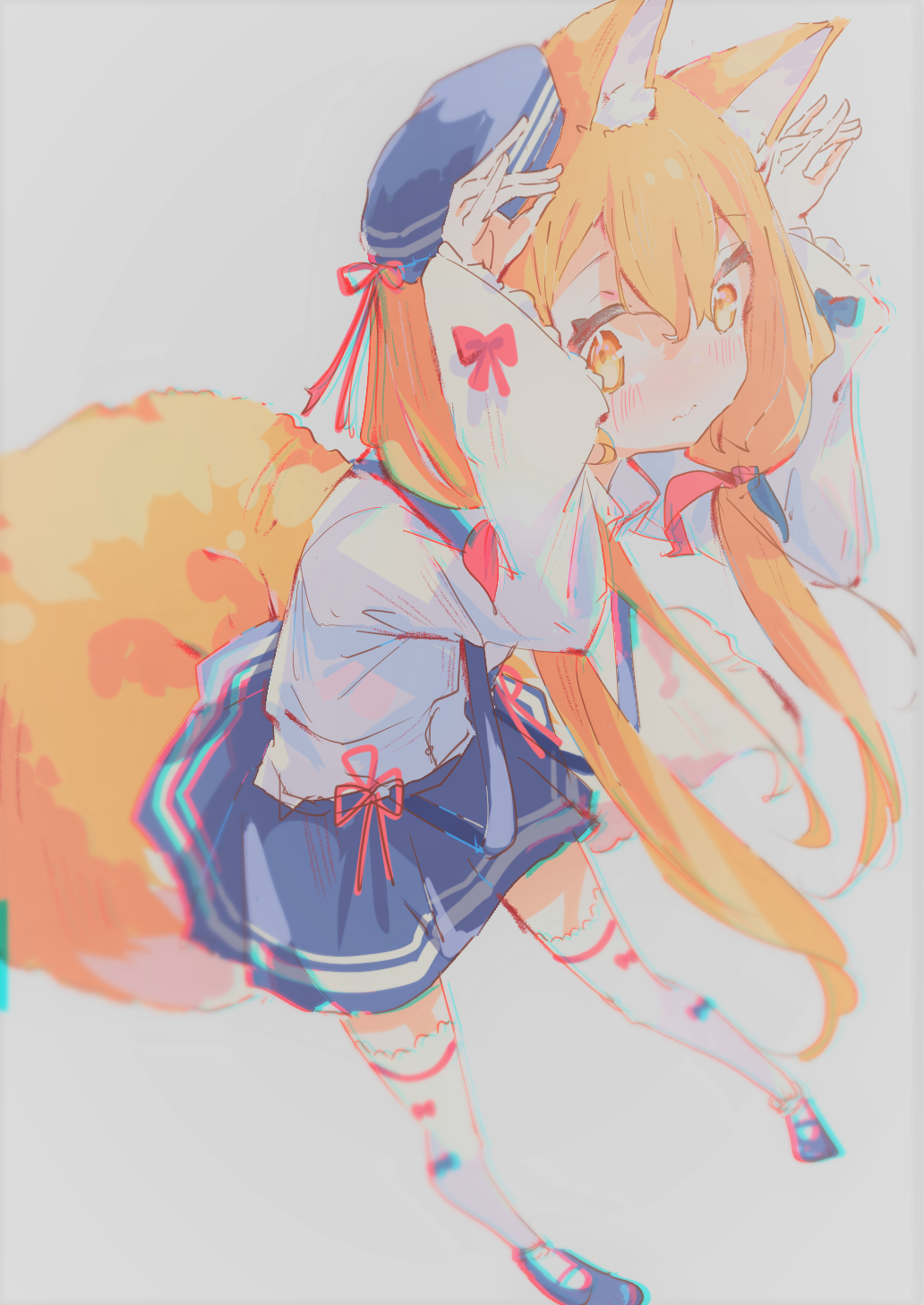 1girl animal_ear_fluff animal_ears bangs beret black_footwear blonde_hair blue_headwear blue_skirt blush c4_art closed_mouth commentary double_fox_shadow_puppet english_commentary fox_ears fox_girl fox_shadow_puppet fox_tail full_body hair_between_eyes hat hat_ribbon highres long_hair long_sleeves looking_at_viewer mary_janes original red_ribbon ribbon shirt shoes sidelocks simple_background skirt solo suspender_skirt suspenders tail thigh-highs very_long_hair white_background white_shirt white_thighhighs yellow_eyes
