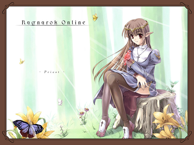 1girl 2000s_(style) bangs bird blue_dress border brown_border brown_eyes brown_footwear brown_hair bug butterfly character_name closed_mouth commentary_request copyright_name day dress elf flower forest full_body garter_straps grass habit juliet_sleeves long_hair long_sleeves looking_at_viewer miyase_mahiro nature outdoors pointy_ears priest_(ragnarok_online) puffy_sleeves purple_butterfly ragnarok_online shoes sitting sitting_on_tree_stump smile solo sunlight thigh-highs tree_stump white_butterfly yellow_butterfly yellow_flower