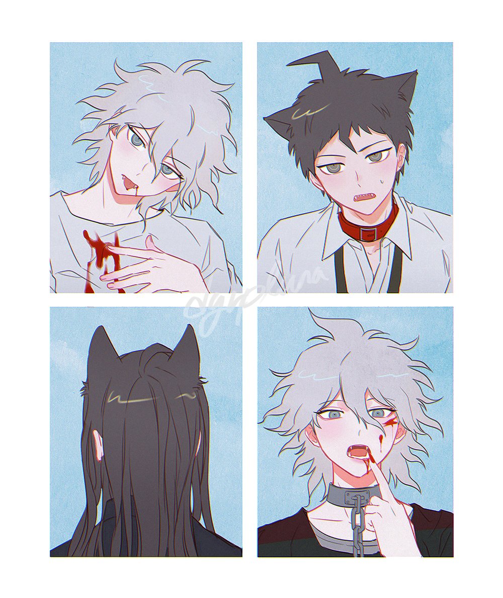 3boys :d animal_collar animal_ears bangs blood blood_on_face boleum_(dgrpluna) brown_hair cat_ears chain collar danganronpa_(series) danganronpa_2:_goodbye_despair danganronpa_another_episode:_ultra_despair_girls fangs grey_eyes grey_shirt hair_between_eyes hand_up hinata_hajime kamukura_izuru komaeda_nagito long_hair medium_hair metal_collar multiple_boys nail_polish red_nails servant_(danganronpa) sharp_teeth shiny shiny_hair shirt short_hair smile teeth tongue tongue_out