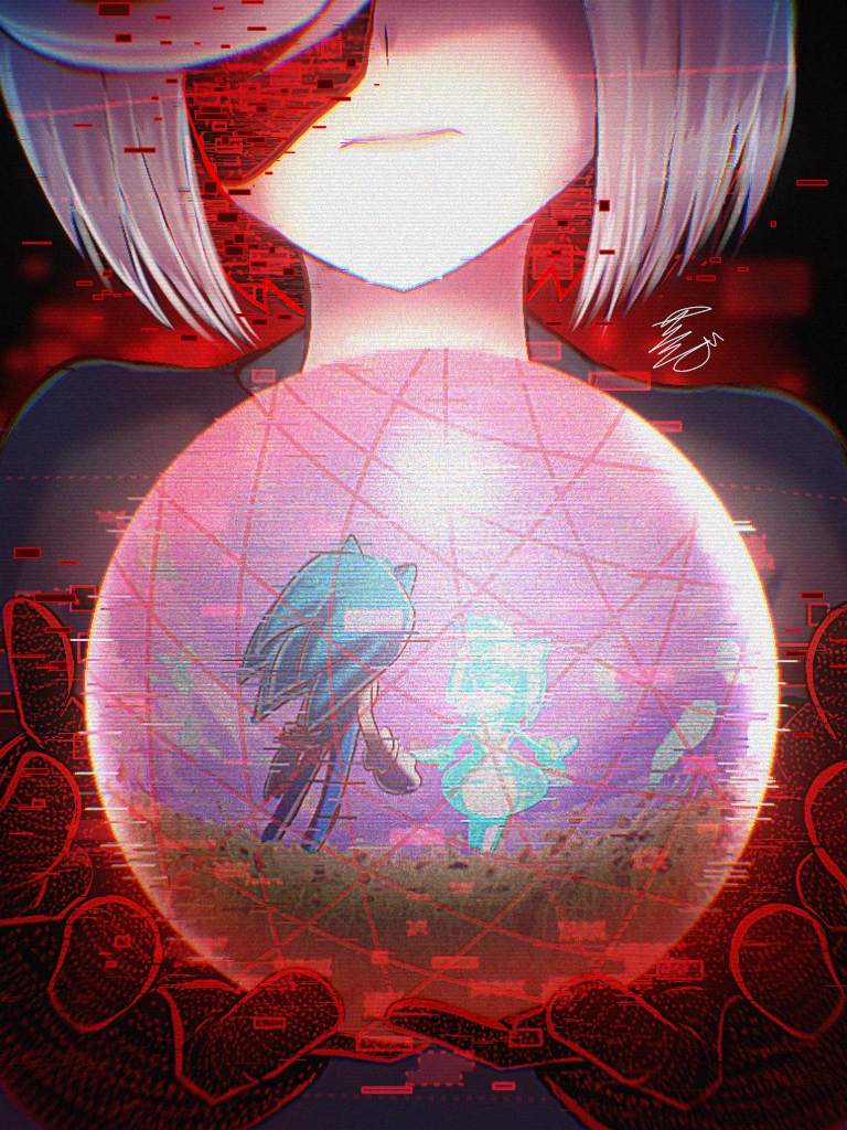1boy 2girls amy_rose cang_she closed_mouth cyberspace multiple_girls sage_(sonic) solo_focus sonic_(series) sonic_frontiers sonic_the_hedgehog upper_body white_hair